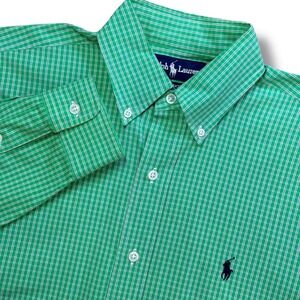 Ralph Lauren Button Down Shirt Mens S Green Micro Check Blake Two-Ply Cotton